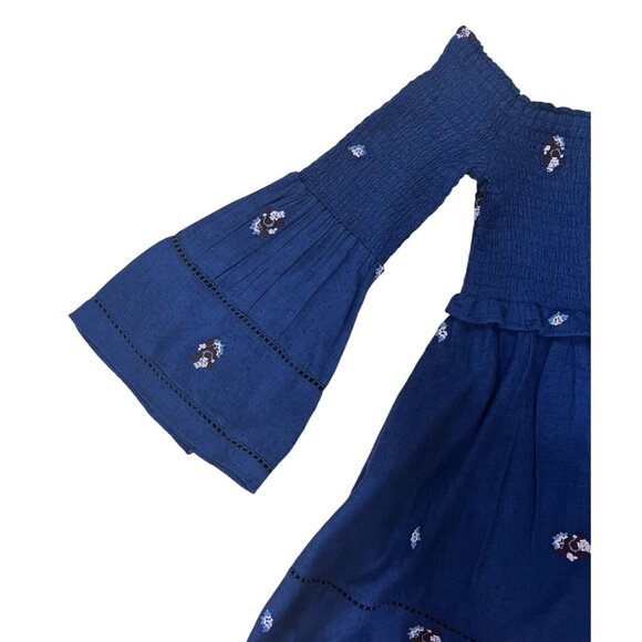 NWT Free People Counting Daisies Navy Blue Smocked Embroidered Mini Dress Small - Picture 7 of 12